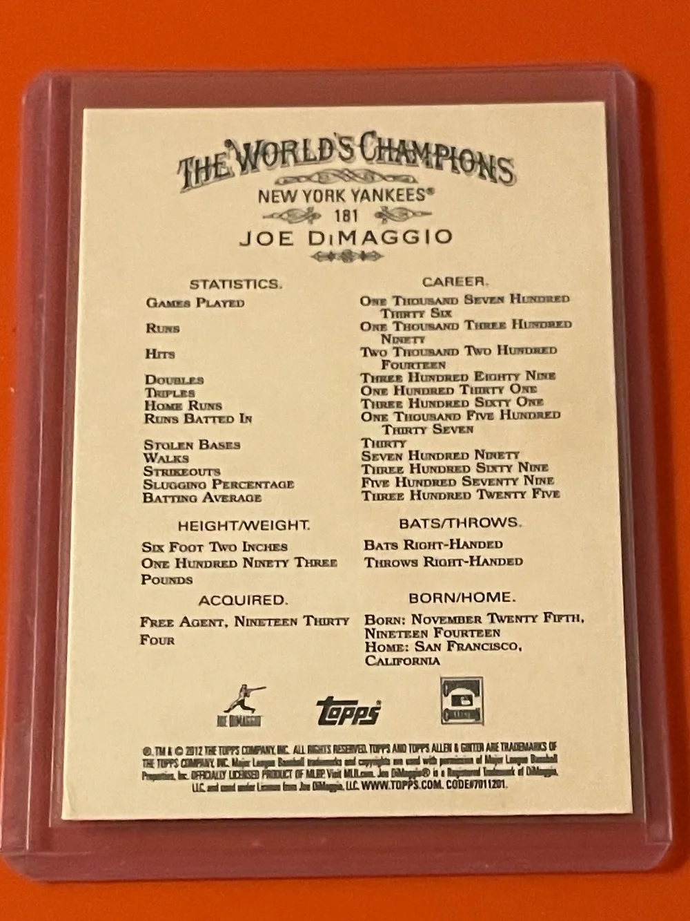 Joe DiMaggio #181 2012 Topps Allen & Ginter Baseball Trading Card